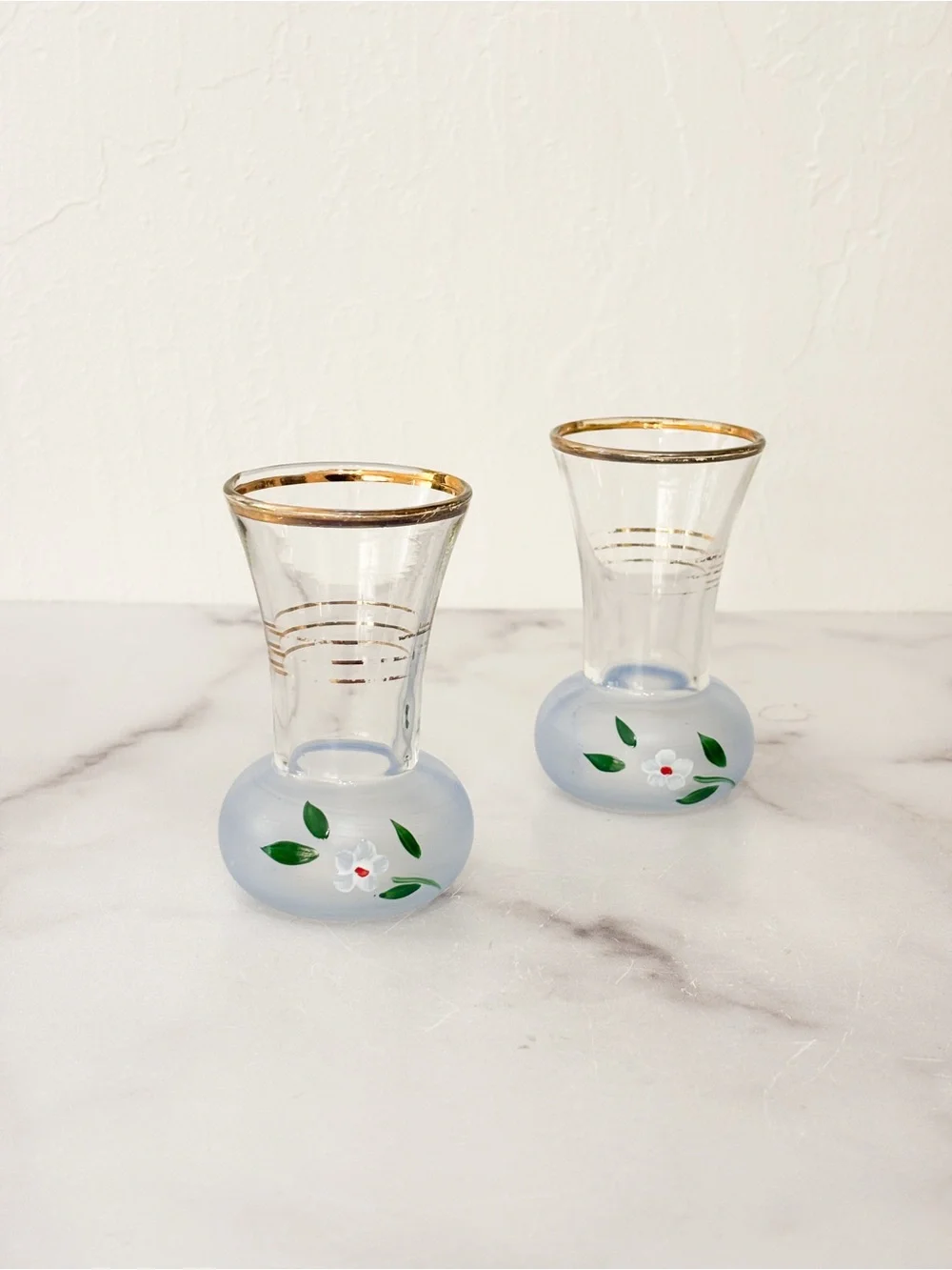 Hand-Painted Floral Glass Bud Vases with Gold Rim - Light Blue
